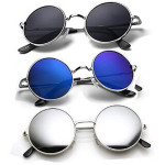 Black Blue Silver Mirrored Medium Full Rim Round Metal Unisex Sunglasses