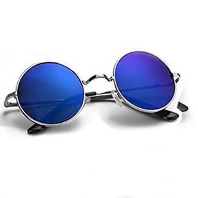 Black Blue Silver Mirrored Medium Full Rim Round Metal Unisex Sunglasses